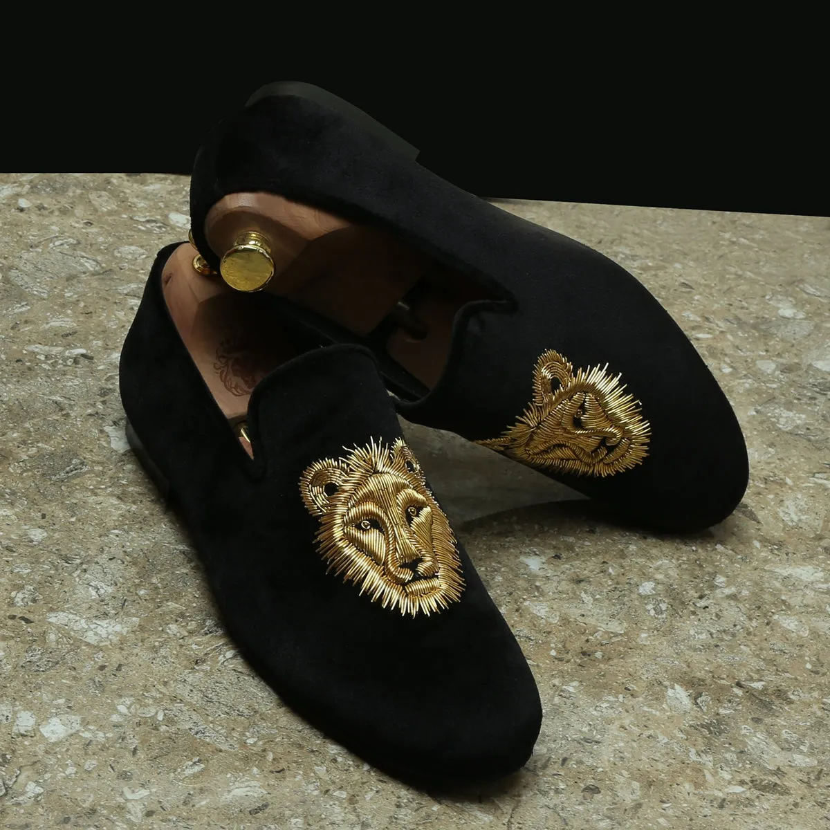 Black Velvet Slip-Ons Shoes with Golden Sleek Lion Zardosi by Brune & Bareskin