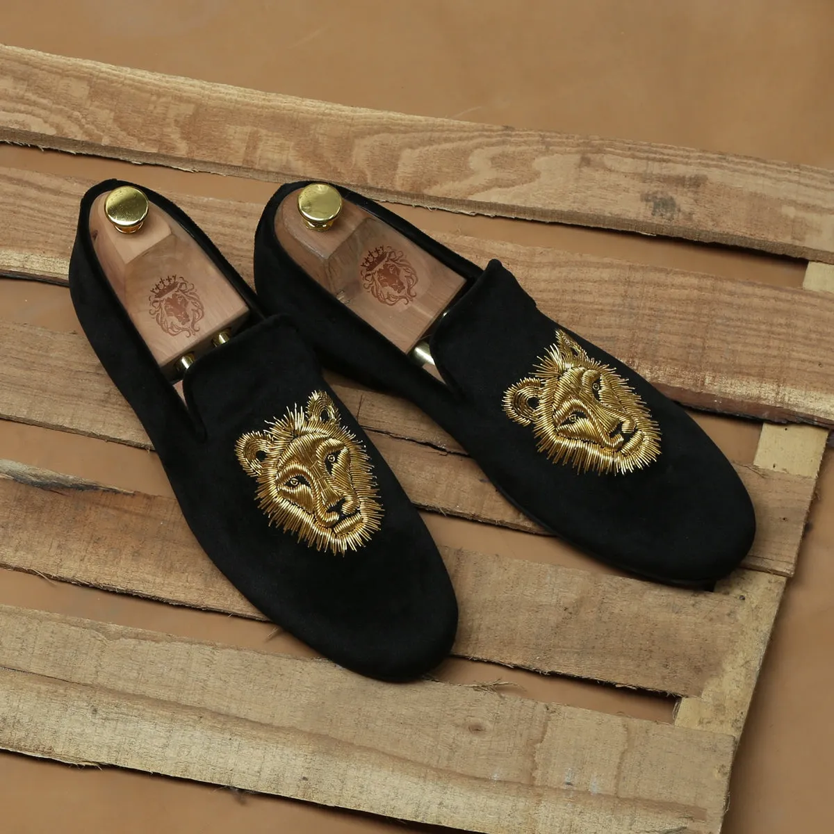 Black Velvet Slip-Ons Shoes with Golden Sleek Lion Zardosi by Brune & Bareskin