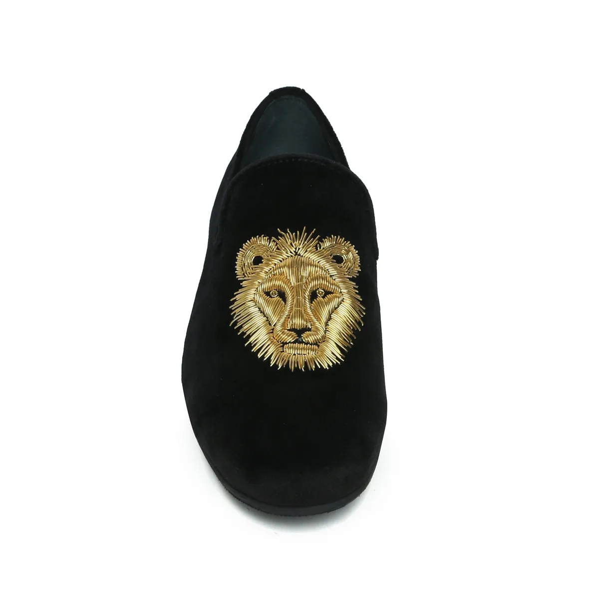 Black Velvet Slip-Ons Shoes with Golden Sleek Lion Zardosi by Brune & Bareskin