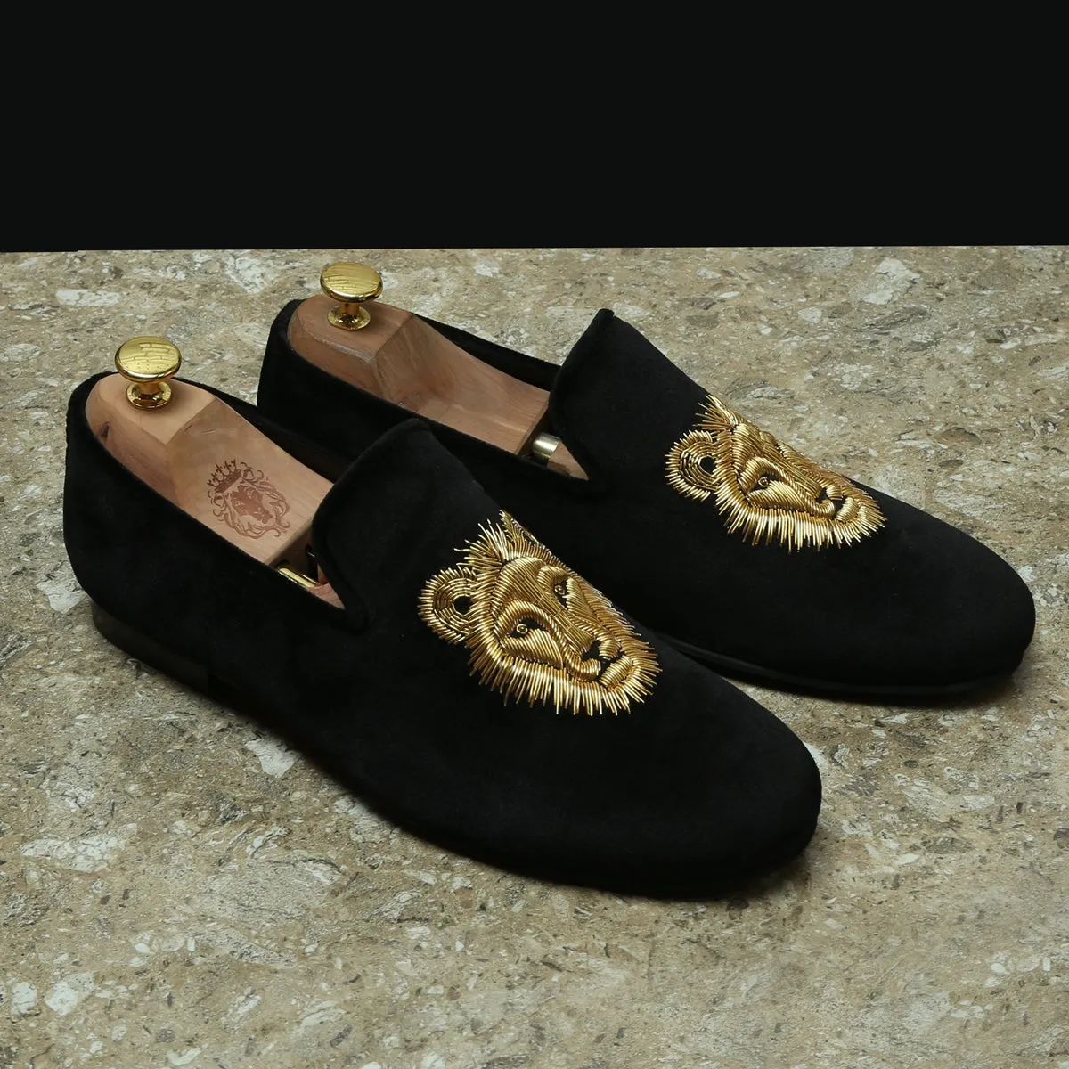 Black Velvet Slip-Ons Shoes with Golden Sleek Lion Zardosi by Brune & Bareskin