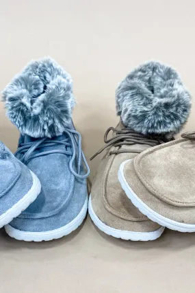 Eskimo Kisses- {Gray & Tan} Suede Lace Up Moccasins w/ Faux Fur Trim