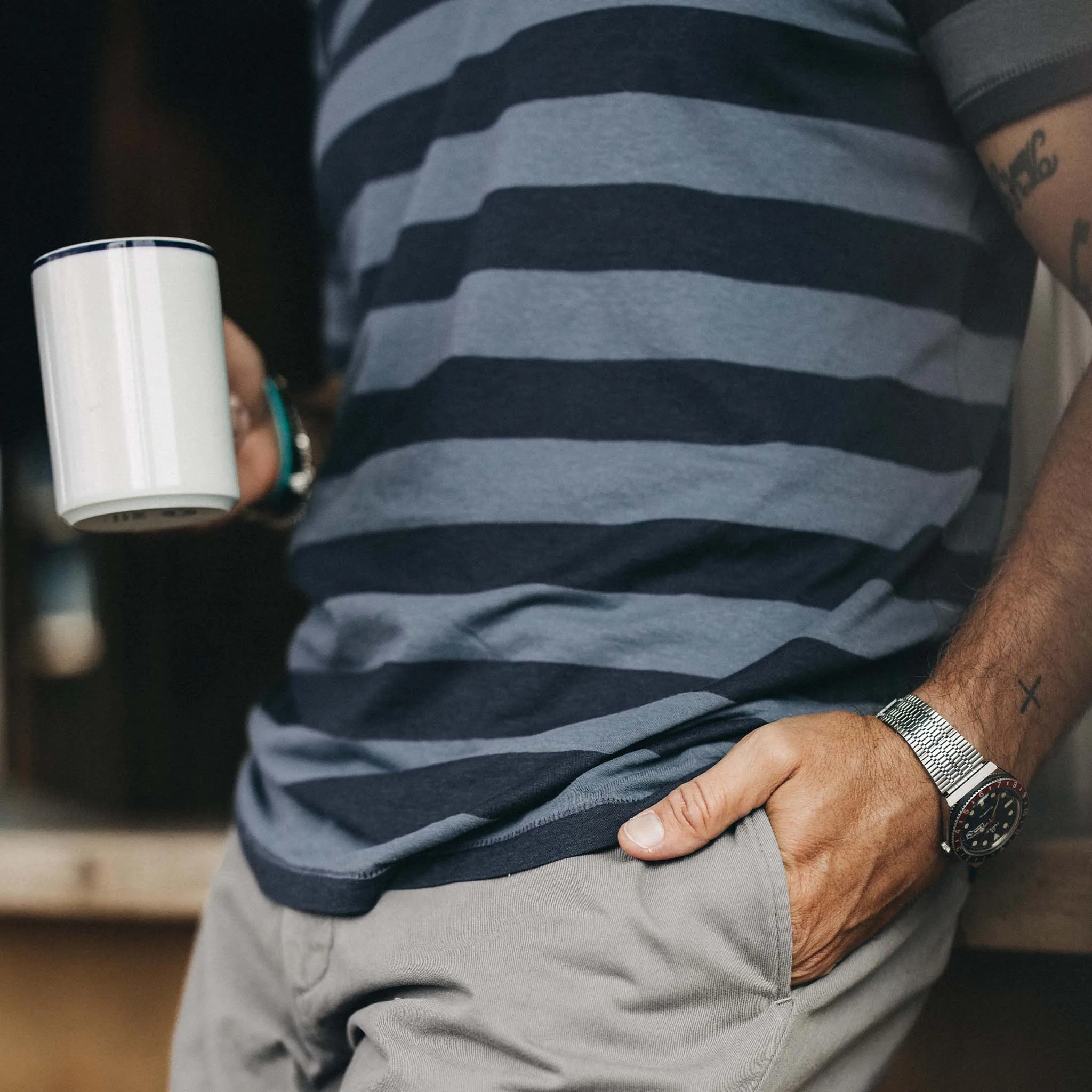 The Cotton Hemp Tee in Storm and Navy Stripe