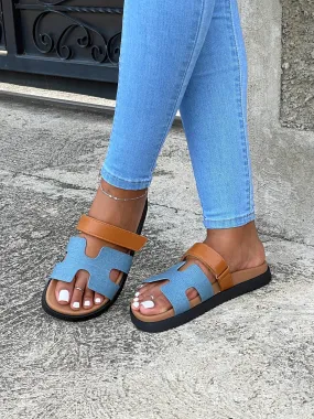 Zahra Slip On Sandals-Denim/Tan(RESTOCKED)