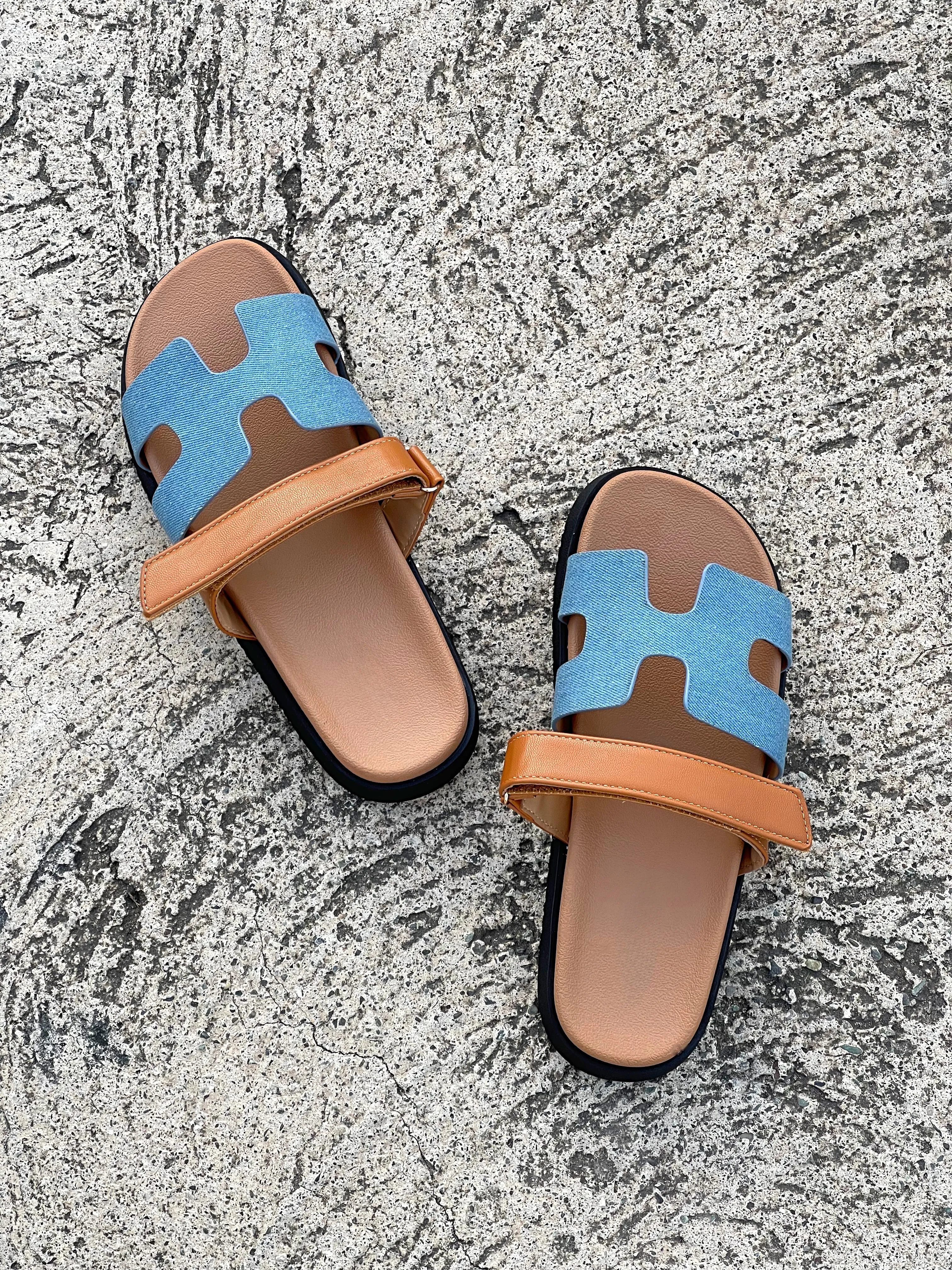 Zahra Slip On Sandals-Denim/Tan(RESTOCKED)